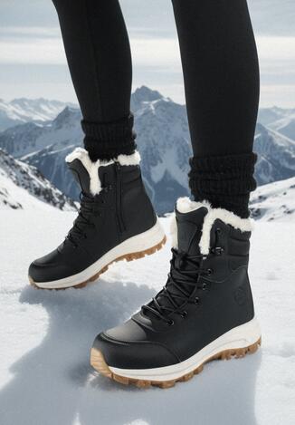 Czarne Botki Śniegowce w Trekkingowym Stylu na Grubej Podeszwie Elorene