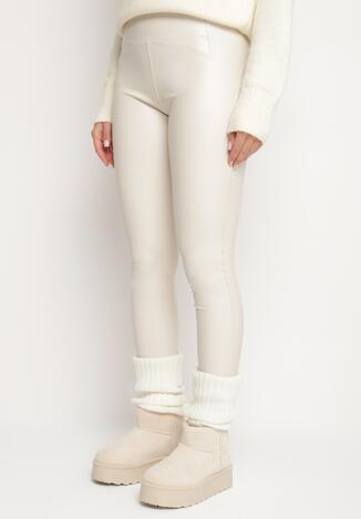 Białe Legginsy z Ekoskóry z Wysokim Stanem i Polarem Labrine