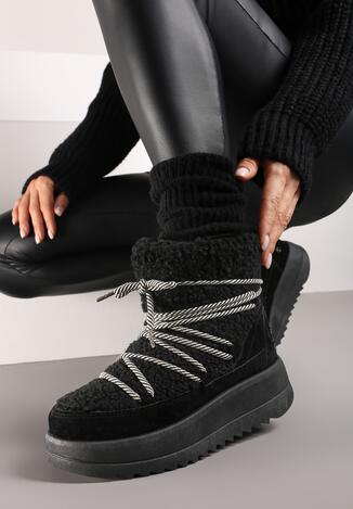 Czarne Wsuwane Śniegowce na Grubej Podeszwie Zdobione Futerkiem i Imitacją Sznurówek Avadira