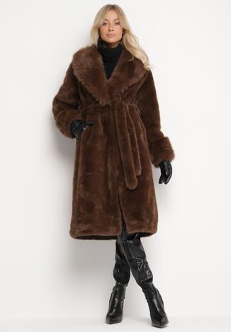 Brązowy Futerkowy Płaszcz z Szerokim Kołnierzem i Mankietami z Wiązanym Paskiem Viaruna