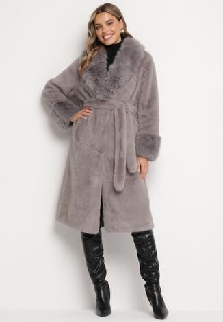 Szary Futerkowy Płaszcz z Szerokim Kołnierzem i Mankietami z Wiązanym Paskiem Viaruna