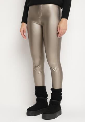 Złote Legginsy z Ekoskóry z Wysokim Stanem i Wsuwanymi Kieszeniami Rievalia