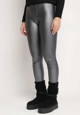 Ciemnoszare Legginsy z Ekoskóry z Wysokim Stanem i Wsuwanymi Kieszeniami Rievalia