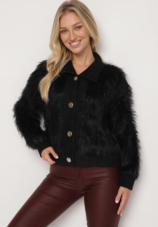 Czarny Kardigan z Wełną z Ozdobnymi Guzikami i Stójką o Fakturze Imitującej Pióra Zinamira