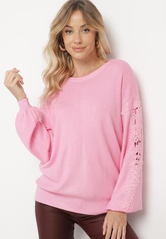 Różowy Sweter z Bawełną Ozdobiony Cyrkoniami i Koronką Tinetta