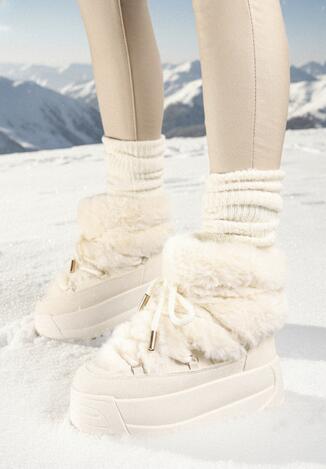 Beżowe Wsuwane Śniegowce na Platformie z Futerkiem i Sznurowaniem Ettarie