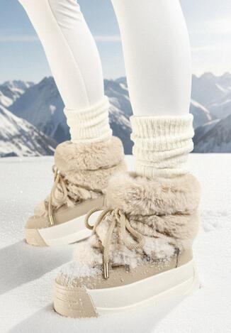 Ciemnobeżowe Wsuwane Śniegowce na Platformie z Futerkiem i Sznurowaniem Ettarie