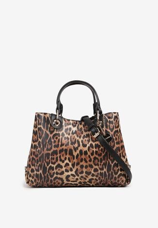 Brązowa Dwukomorowa Torebka Tote na Ramię Ozdobiona Wzorem w Panterkę Lorinis