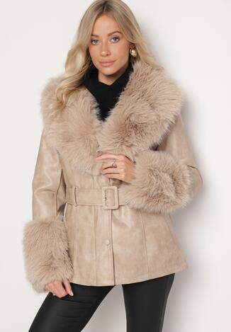 Beżowa Kurtka z Imitacji Skóry z Futrzanymi Wstawkami i Paskiem Etinara