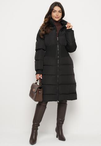 Czarna Kurtka Pikowana o Taliowanym Kroju z Szeroką Gumką w Pasie i Stójką Hedilaine