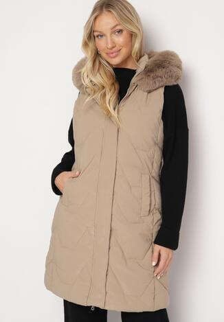 Beżowa Kamizelka Pikowana z Futerkiem i Kapturem Innarella