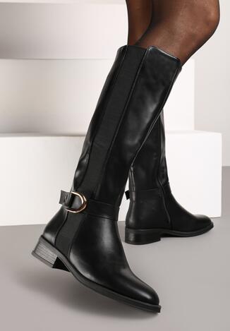 ly様 Czarne Płaskie Kozaki z Luźną Cholewką Przed Kolano z