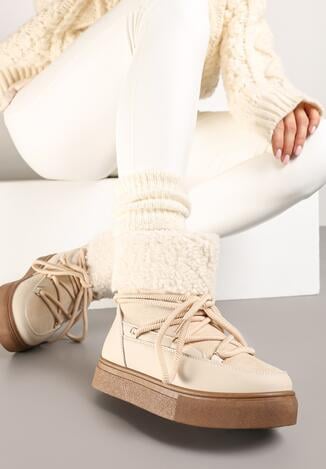 Beżowe Śniegowce na Grubej Podeszwie ze Sznurowaniem i Futerkiem Izantea