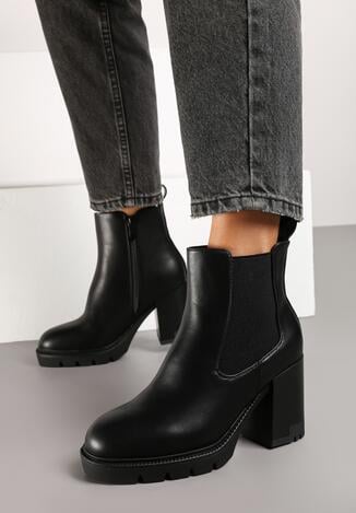Czarne Botki na Obcasie w Stylu Sztybletów z Gumką Realine