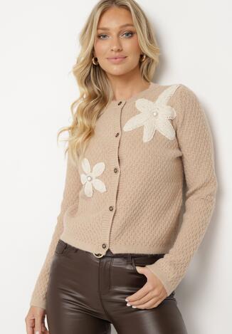 Ciemnobeżowy Kardigan o Tłoczonym Splocie Zdobiony Haftowanymi Kwiatami Cerira
