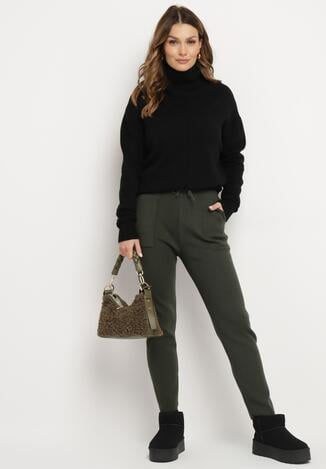 Ciemnozielone Spodnie z Bawełną Wysokim Stanem i Sznurkiem w Pasie Venerithra