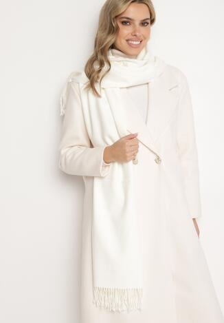 Biały Szalik z Bawełną i Wiskozą Ozdobiony Frędzlami Siadortia