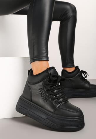 Czarne Sneakersy na Platformie Ocieplane Futrem Leanelitia