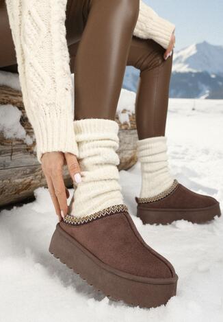 Brązowe Śniegowce na Grubej Podeszwie Niską Cholewką i Haftem Reamelia