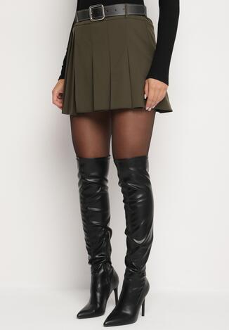 Ciemnozielone Plisowane Spódnico-Szorty z Wiskozą i Paskiem z Ekoskóry Lobilae