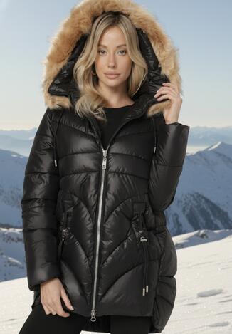 Czarna Pikowana Kurtka o Trapezowym Kroju z Kapturem i Odpinanym Futerkiem Deolaine