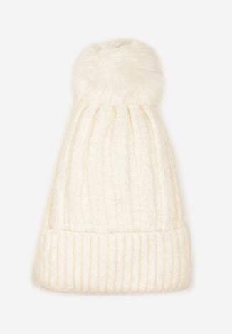 Jasnobeżowa Czapka z Prążkowanego Materiału z Pomponem Vamieska