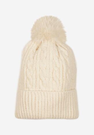 Beżowa Czapka z Pomponem Zdobiona Warkoczowym Splotem Emmirae