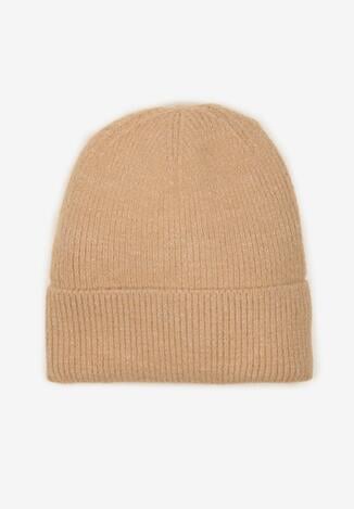 Ciemnobeżowa Czapka Ozdobiona Wywinięciem i Metaliczną Nicią Temirina