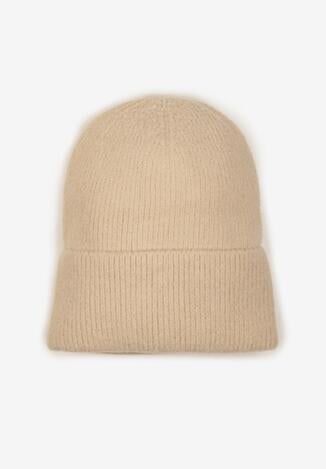 Beżowa Czapka Ozdobiona Wywinięciem i Metaliczną Nicią Temirina