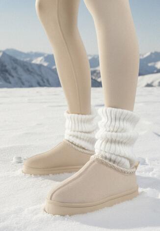 Beżowe Niskie Śniegowce z Imitacji Zamszu na Platformie z Ozdobnym Haftem Ftarvia