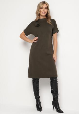 Ciemnozielona Sukienka z Wiskozą Bawełną i Odpinanym Kwiatem 3D Zeiada