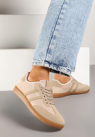 Ciemnobeżowe Sneakersy z Imitacji Zamszu na Płaskiej Podeszwie Memeriana