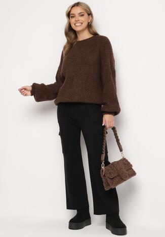 Czarne Dzianinowe Spodnie o Szerokim Kroju z Gumką w Pasie i Kieszeniami Emarissea