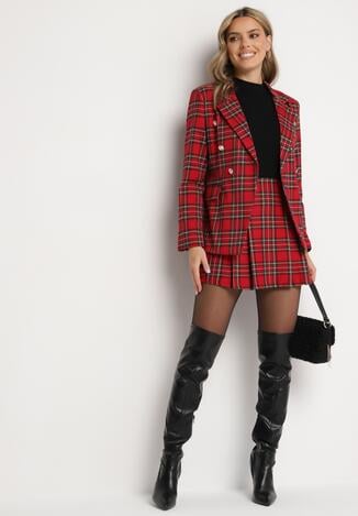 Czerwona Dwurzędowa Marynarka z Wiskozą o Taliowanym Kroju w Kratkę Delorielis