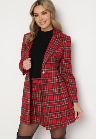 Czerwona Marynarka w Kratę o Rozkloszowanym Kroju z Zapięciem na Guzik Delindrea