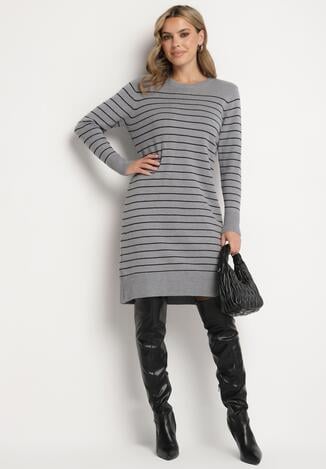 Szara Sukienka w Paski z Dzianiny z Wiskozą o Prostym Kroju ze Ściągaczami Delirae