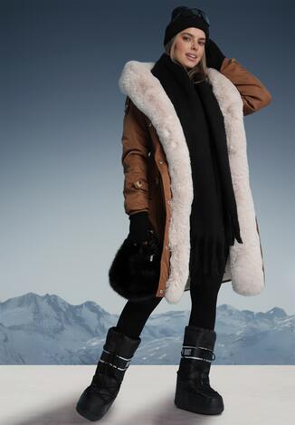 Brązowa Kurtka Parka z Kapturem Futrzaną Wyściółką i Ściągaczem w Talii Semarien