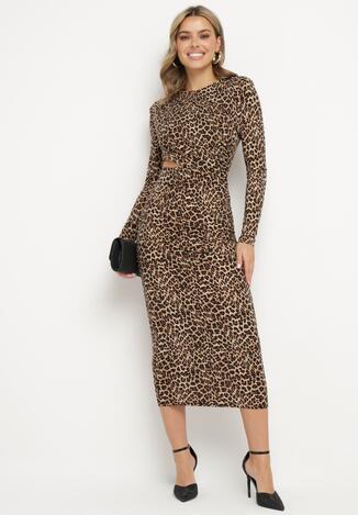 Brązowa Dopasowana Sukienka w Panterkę Zdobiona Cyrkoniami Nallines