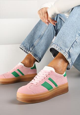 Różowo-Zielone Płaskie Sneakersy Ozdobione Paskami Norili