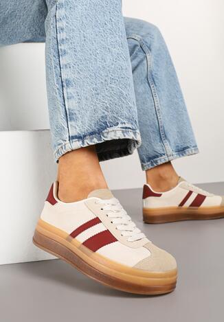 Beżowo-Bordowe Płaskie Sneakersy Ozdobione Paskami Norili