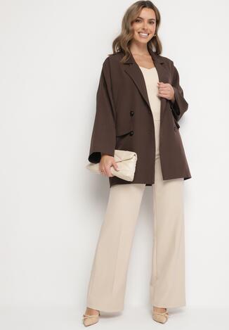 Brązowa Marynarka Oversize Dwurzędowa z Imitacją Kieszeni Tinnielle