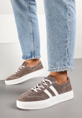 Brązowe Skórzane Sneakersy Typu Klasyczne Tenisówki na Grubej Podeszwie Eleavine