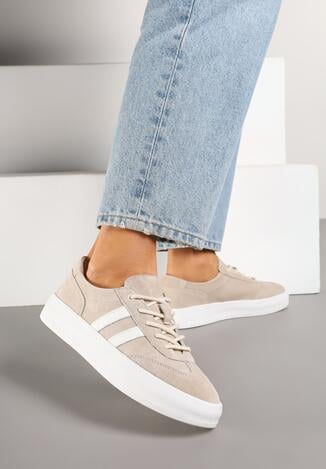 Beżowe Skórzane Sneakersy Typu Klasyczne Tenisówki na Grubej Podeszwie Eleavine