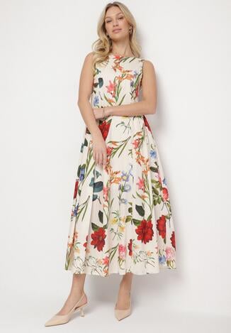 Beżowa Bawełniana Sukienka o Rozkloszowanym Kroju w Kwiatowy Print Iladris