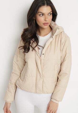 Ciemnobeżowa Pikowana Kurtka z Kapturem i Lekkim Ociepleniem Ninirila