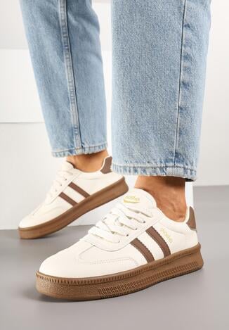 Beżowo-Brązowe Sneakersy w Stylu Tenisówek z Paskami na Boku Saliena