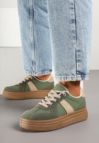 Zielone Sneakersy Klasyczne Tenisówki na Tłoczonej Platformie Nanislla