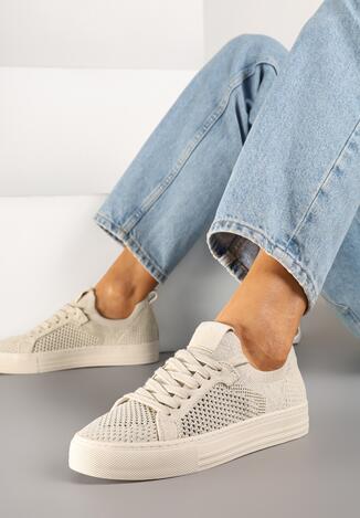 Beżowe Sneakersy z Siateczkową Cholewką i Metaliczną Nicią Nimiovana
