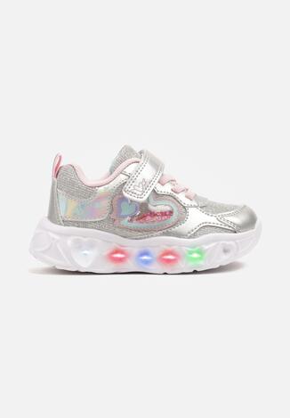 Srebrne Brokatowe Buty Sportowe Sneakersy z Lampkami LED i Sercami Pollevi