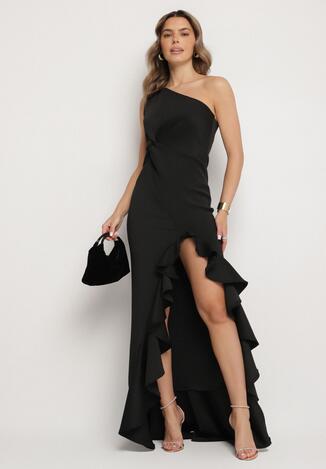 Czarna Sukienka Asymetryczna z Ozdobną Falbaną Lunorilla